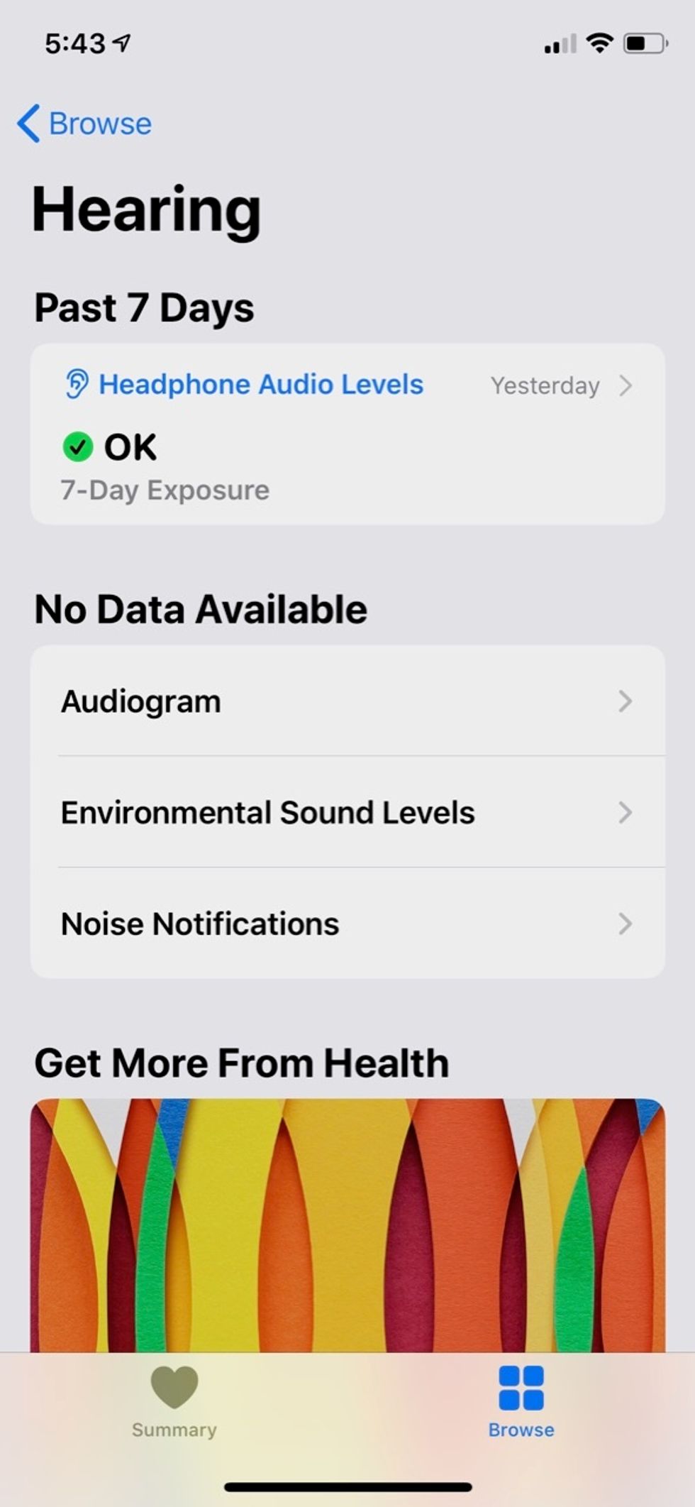 The Apple Health app showing hearing details