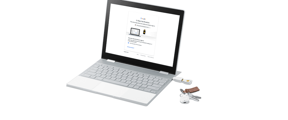 The Google Titan security key plugged into a computer