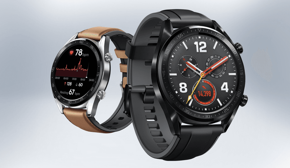 The Huawei Watch GT, pictured here, has a two-week battery life, great for long adventures