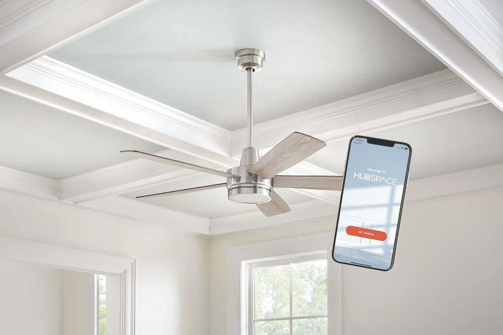 The Hubspace app on a smartphone controlling a ceiling fan