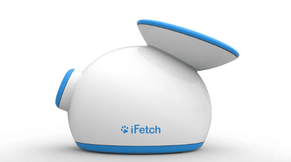 The iFetch dog toy in blue and white