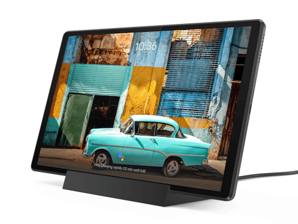 The Lenovo Smart Tab M10 on its charging station