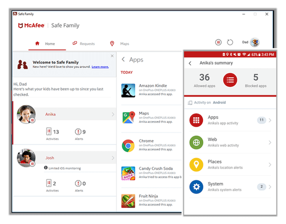 The McAfee Safe Family portal