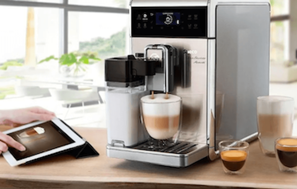 The Saeco GranBaristo Avanti Super Automatic Connected, Espresso Machine, pictured here, crafts 18 different drinks