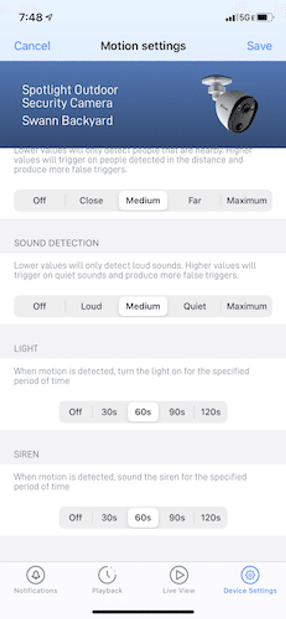 the settings for motion and sound screen in the swann app.