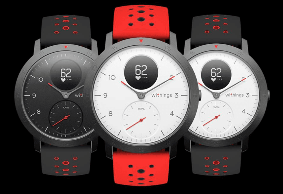 The Withings Steel HR Sport watches in three colors options, red, black and white