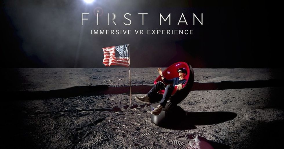 The words, 'First Man Immersive VR Experience," at the top with a man seated in a chair with VR googles on, seated on the moon's surface