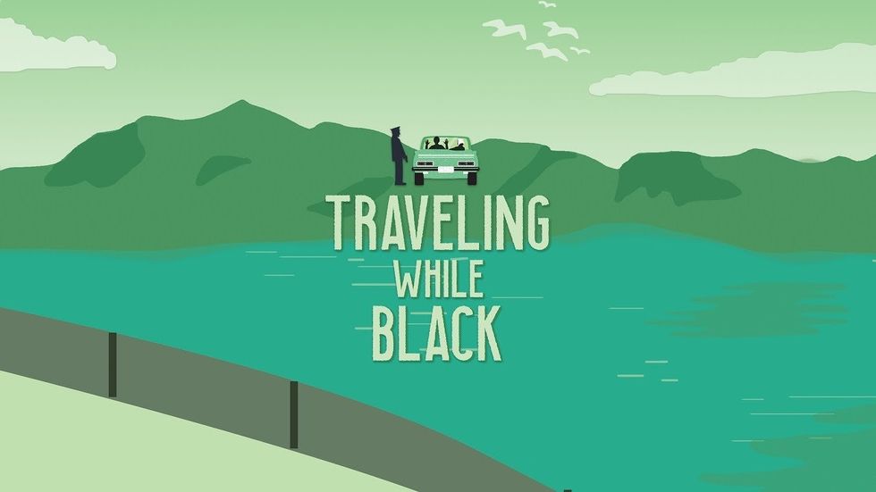 The words "Traveling While Black" on an animated background with a green car and a man next to it, on a road in the mountains