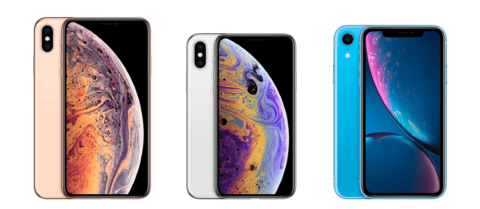 Three different iPhones lined up in a row