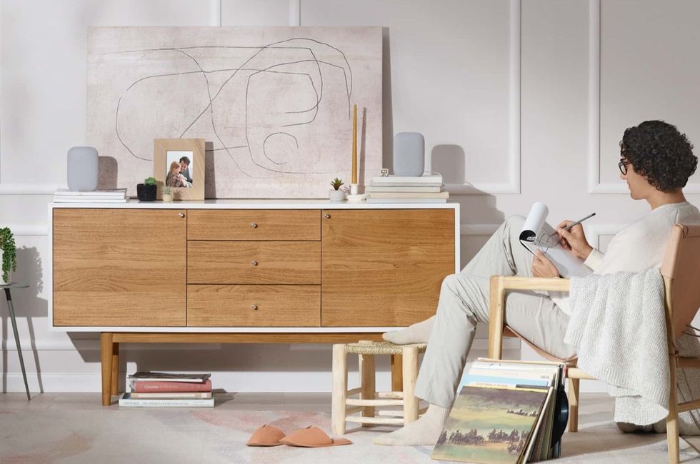 Two Nest Audio speakers set up as a stereo pair