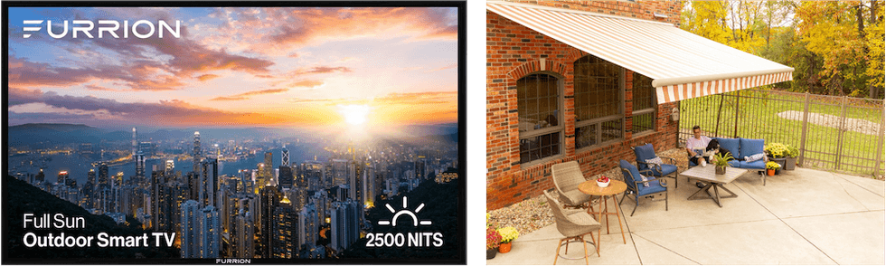 two photos: an outside backyard with all-new Lumina retractable awnings and the other photo is of Furrion full sun outdoor smart TV.