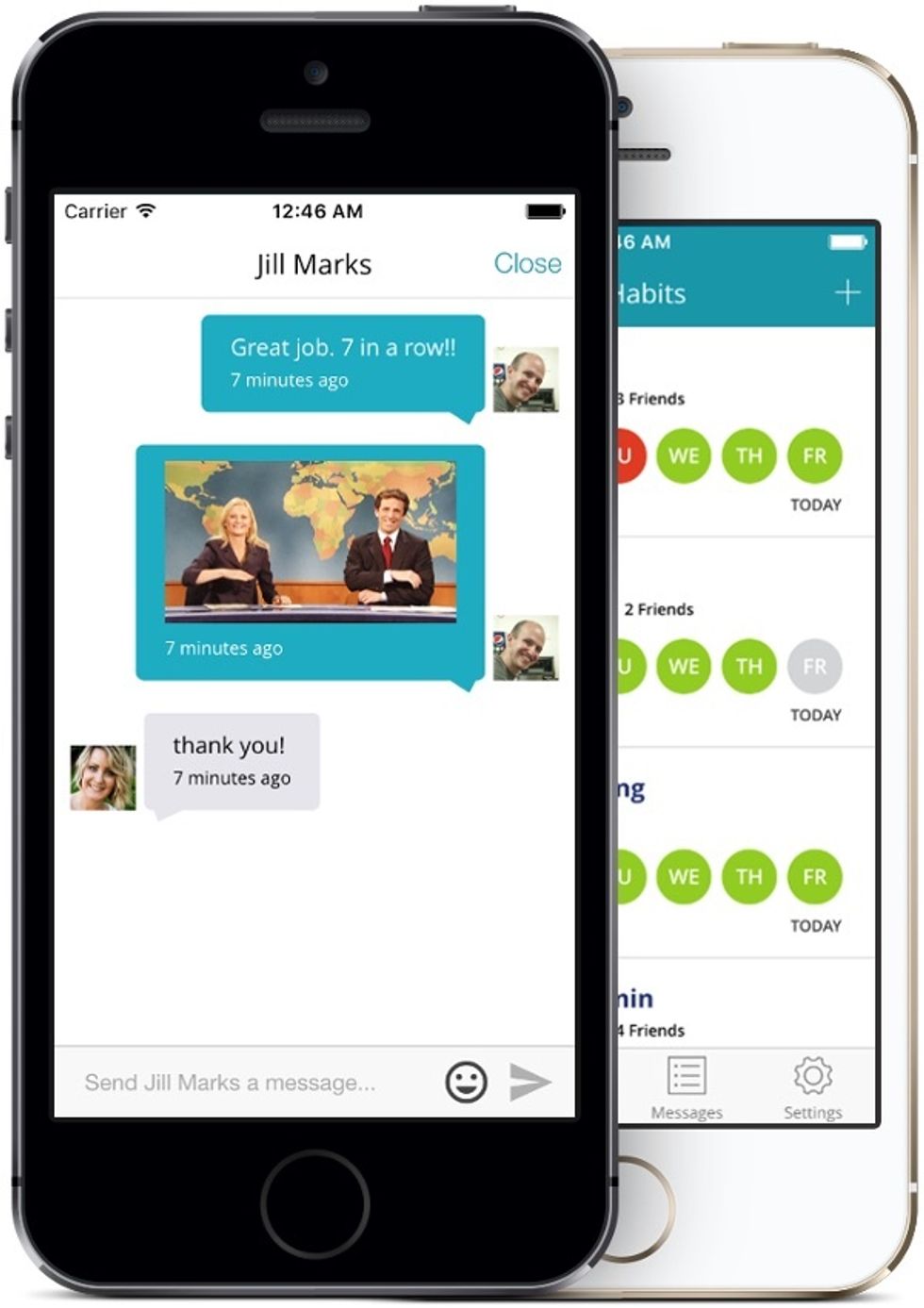 Two smartphones, showing two people chatting with each other through text message