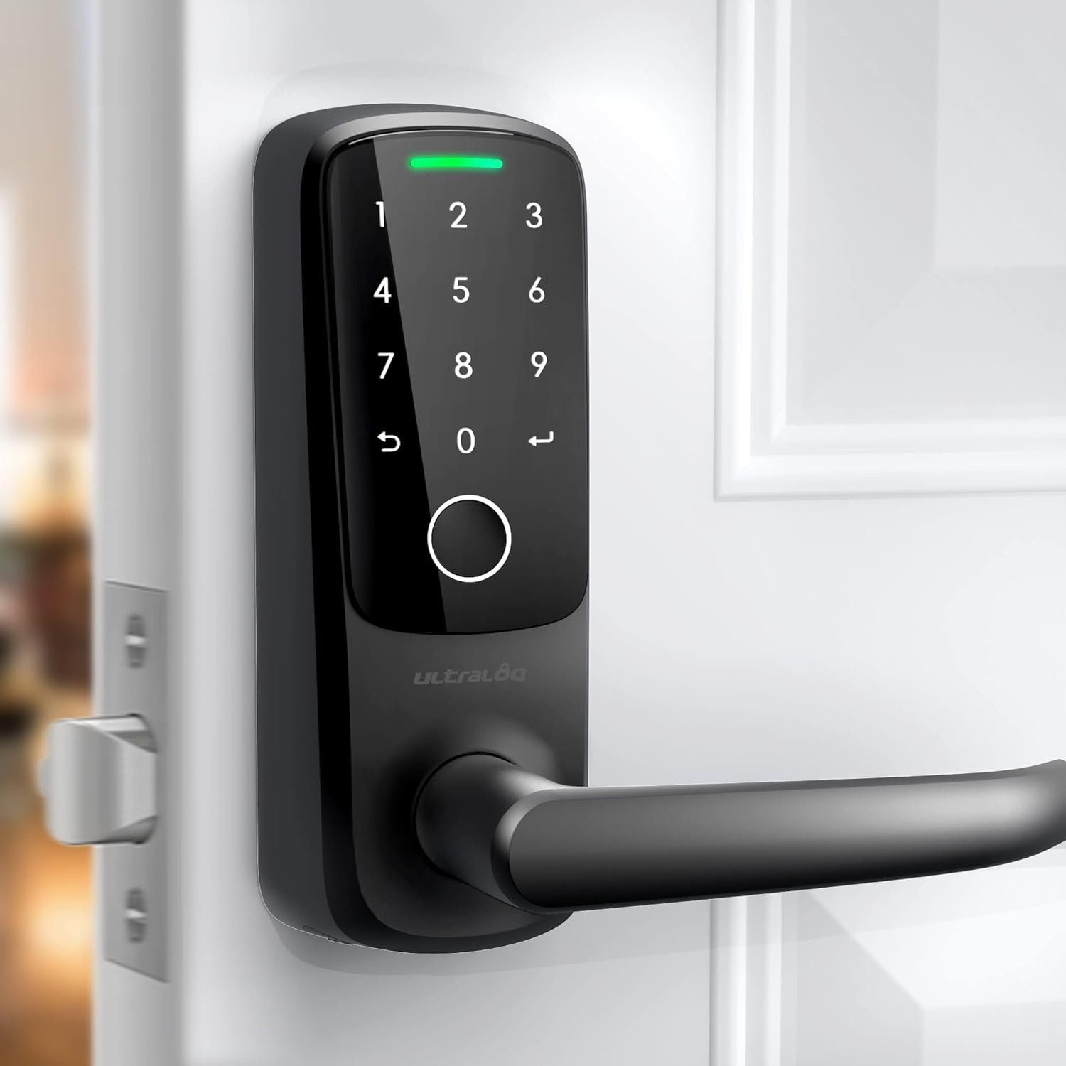 a photo of ULTRALOQ Latch 5 World's First Built-in WiFi Smart Lock with Fingerprint on a door which is open.