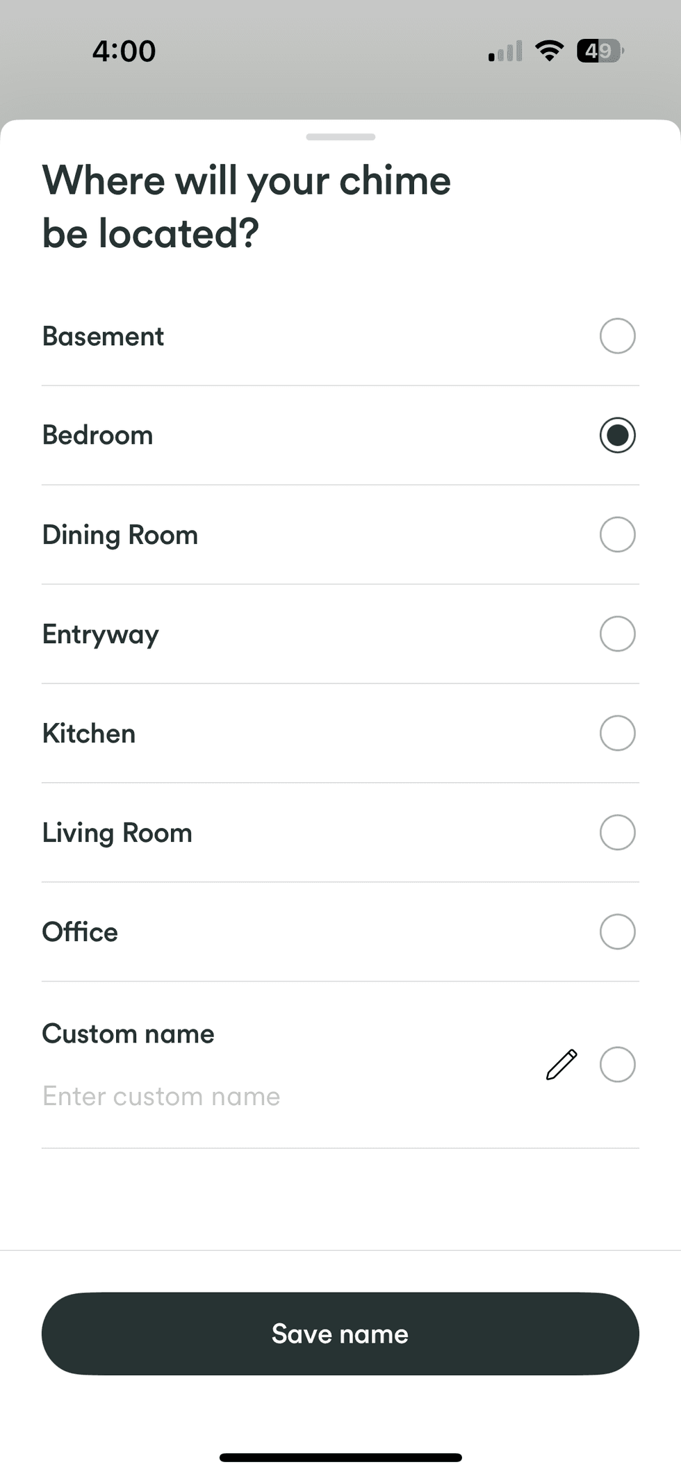 Vivint app naming the location on where you will be placing the Vivint Chime Extender