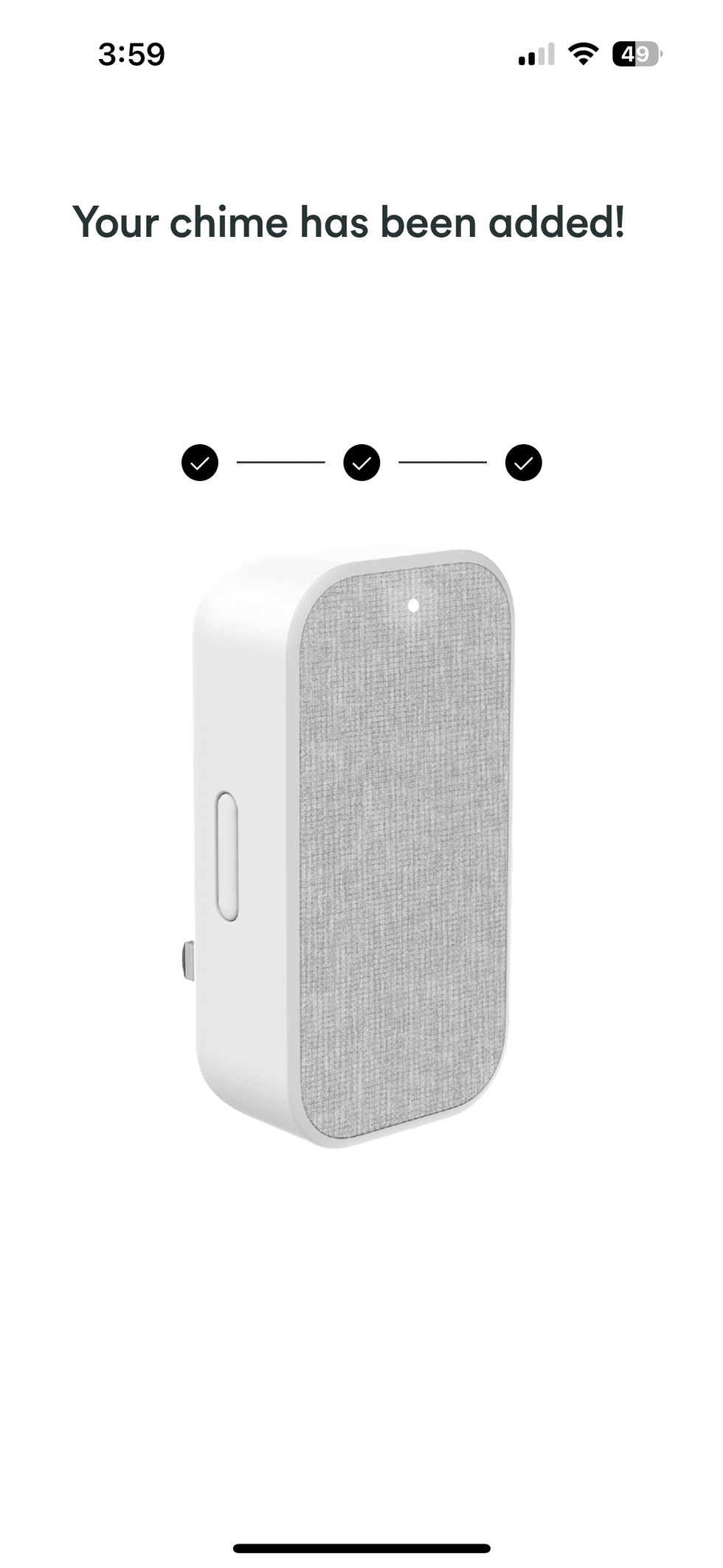 Vivint app showing completion of connection to home wi-fi network