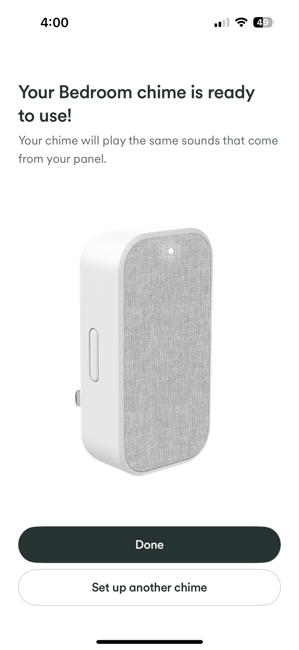 Vivint app showing completion of Vivint Chime Extender setup