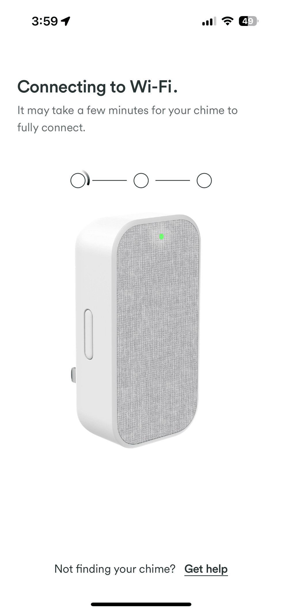 Vivint app showing Wi-Fi connection process for Chime Extender