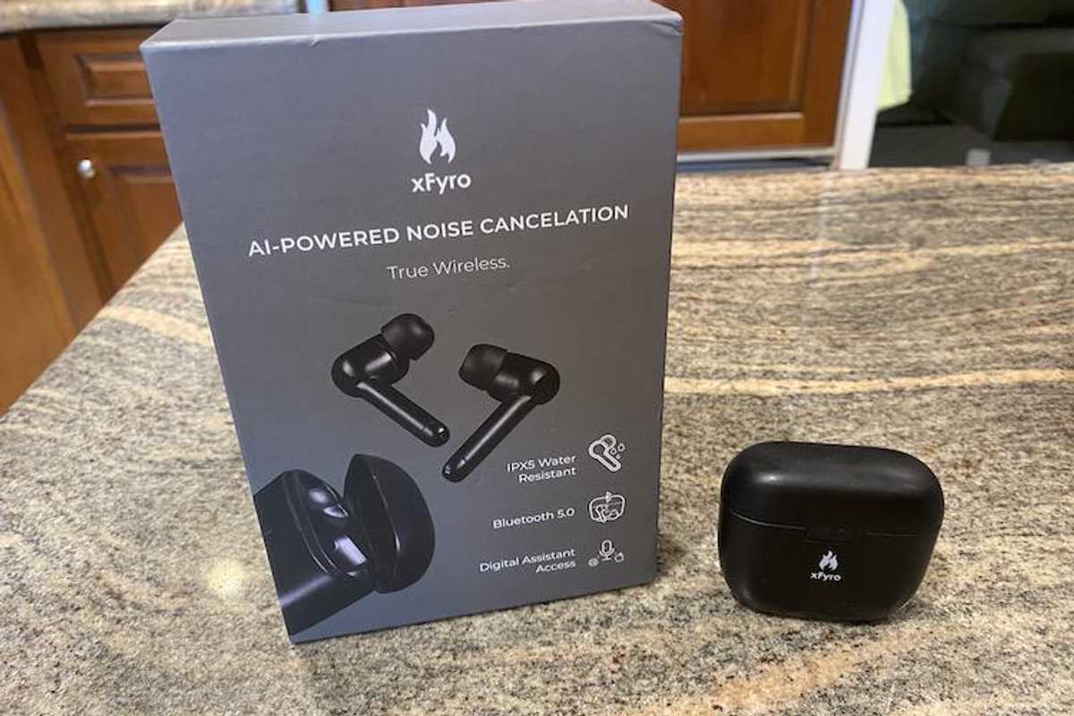 xFyro AI-Powered Noise Cancelation Pro True Wireless Earbuds on a countertop