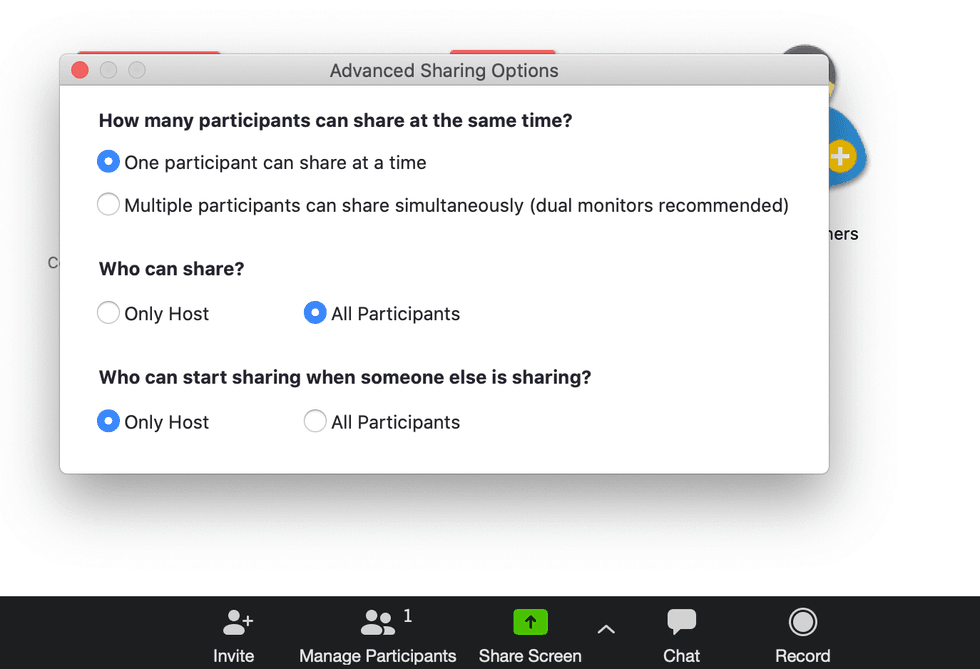 Zoom screen-sharing settings